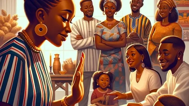 image of ghanaian mother making a hand gesture as to say no with grace to her family that is looking on to her with happy expectation