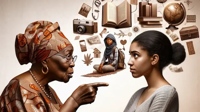 An African aunty, in traditional attire, with a judgmental and skeptical expression, looking at her niece, a 20-year-old African woman. The niece, dressed in modern casual clothes, is looking back at her aunt with a confused expression. In the background, subtly include elements like books, travel accessories (like a globe, backpack), and a small corner showing a prayer space, symbolizing the niece's engagement in personal growth, exploration, and spirituality. This image represents the young woman's focus on personal aspects of her life while waiting for the right partner.