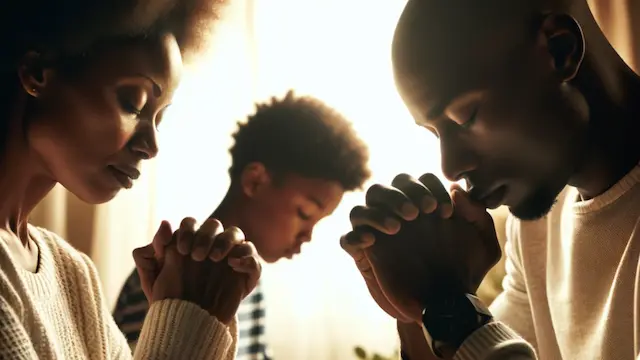 black mother and father praying for their teenager. prayer for child with bad behavior