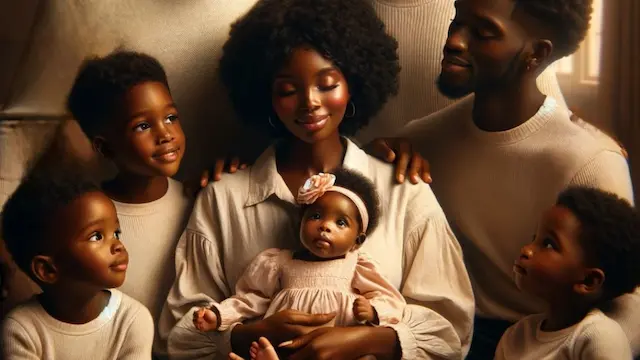 A serene image of a black family that subtly highlights a baby girl, symbolizing the vision of family planning. The family consists of a mother and a father surrounded by their sons, with the baby girl being the newest addition. The sons are of various ages, and they are all looking affectionately towards the baby girl, who is either in the mother's arms or sitting in her lap. The family is dressed in harmonious, comfortable clothing, and their expressions convey a sense of joy and unity. The baby girl is dressed in a way that subtly stands out, perhaps with a small pink accessory or clothing item, to highlight her significance. The background should be warm and inviting, like a cozy living room or a peaceful outdoor setting, to emphasize the loving and serene atmosphere of the family.