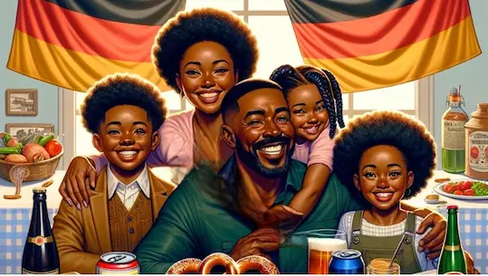 An image representing the essence of the entire blog post, featuring a black family with a mother, father, and three children. They are surrounded by elements of both German and American culture. The family is in a happy, loving pose, perhaps at a dining table or in a kitchen setting, with German and American flags subtly included in the background. Around them, there are various German foods like pretzels, schnitzels, and apple strudel, alongside an Aldi store or products representing the Deutsche Woche. The scene should convey a sense of cultural fusion and familial joy, emphasizing the connection between German heritage and American living. The image should be warm and welcoming, illustrating the blog's themes of cultural diversity, family bonding, and the joy of culinary exploration.