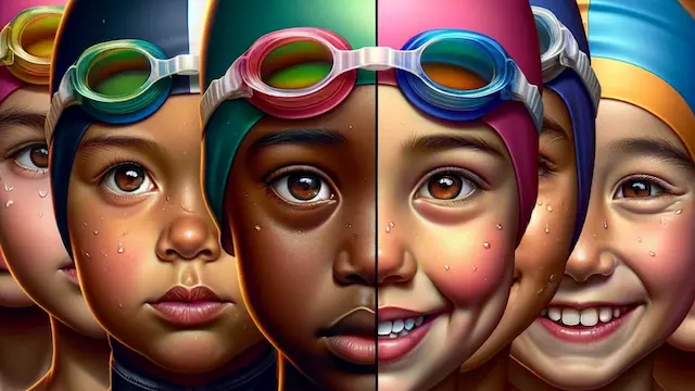 A hyper-realistic illustration showing a diverse group of children with varying ethnicities, each wearing swimming gear like goggles and swim caps. The children should display a range of emotions from fear to joy and confidence around water. The image should capture a detailed and close-up view of their faces, emphasizing their expressions. On one side, some children appear hesitant or nervous, with apprehensive expressions, representing fear of swimming. This side should have darker shades in the background. On the other side, the image transitions to brighter colors, where children are depicted smiling and looking excited, showcasing their enjoyment and positive attitude towards swimming. This illustration represents the cultural shift in attitudes towards swimming education among children of diverse backgrounds.