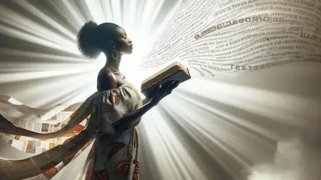 woman standing in light, holding open bible. bible verses for testimony sharing