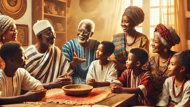 A warm, inviting photo of a multi-generational ghanaian family gathered together, perhaps around a table, with an elder sharing a story while everyone listens intently, especially the children. Wisdom of Elders intergenerational knowledge