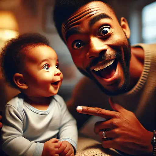 An image of an african american parent making exaggerated facial expressions or speaking to an infant, to illustrate the development of early communication skills. 5 stages of child development