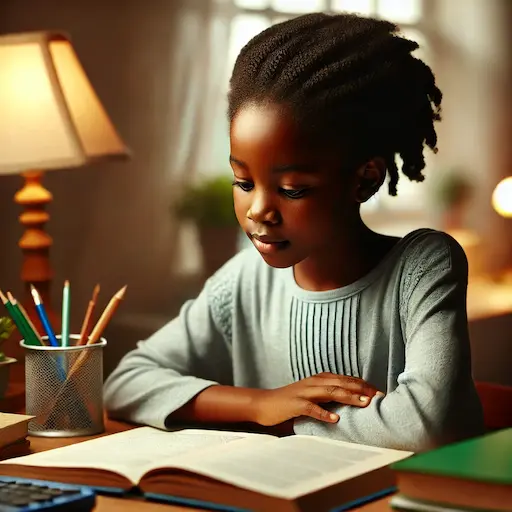 A 10 year old school-age ghanaian girl sitting at a desk or table, deeply focused on reading a book or solving a puzzle, illustrating academic learning and cognitive progress. 5 stages of child development