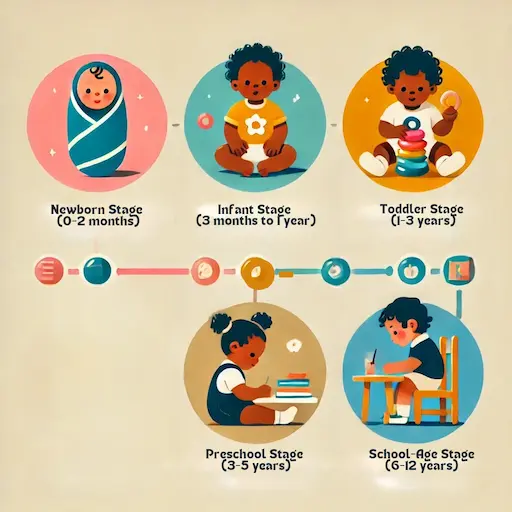 An infographic representing the five stages of child development with simple icons or illustrations (e.g., a crawling baby, an African american toddler holding a toy, a preschooler with a book, a school-aged child writing or learning). 5 stages of child development