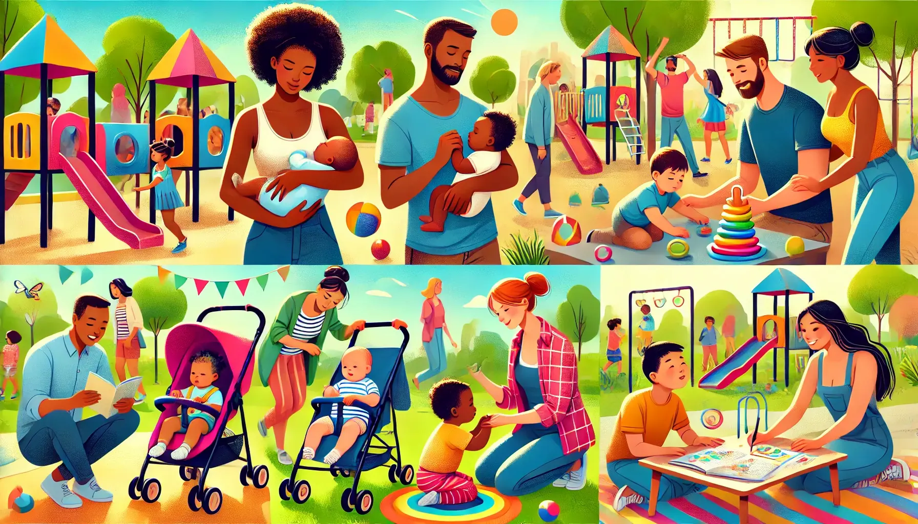 An image of Various parents holding or playing with children at different stages (newborn, infant, toddler, preschooler, school-age) in a colorful, vibrant park setting. 5 stages of child development