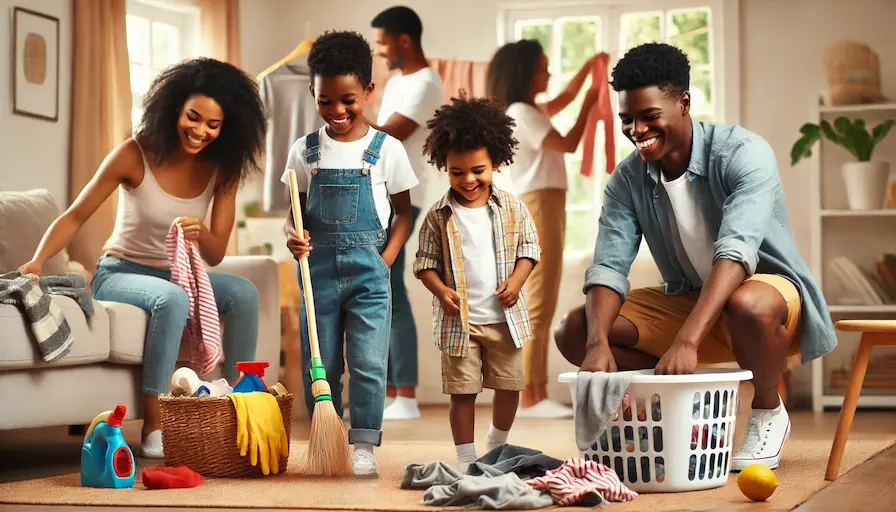 A happy African american family with children of different ages doing chores together, such as picking up toys, folding clothes, and sweeping. Age appropriate chores for kids teaching responsibility