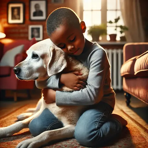 An african american child hugging an older pet, illustrating the long-term bond. Role of Pets in Child Development Responsibility and Compassion