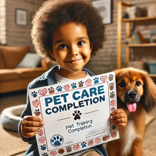 An African American proud child holding a certificate of pet training or care completion. Role of Pets in Child Development Responsibility and Compassion