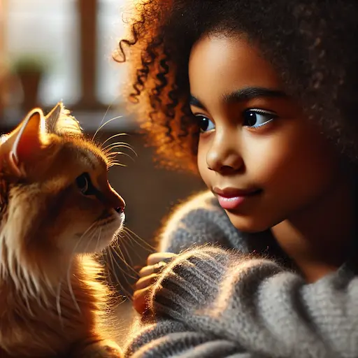 An African american girl with curly hair and a pet making eye contact, showing mutual understanding. Role of Pets in Child Development Responsibility and Compassion