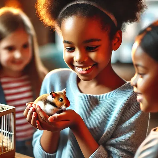 An African american girl introducing their hamster to new friends. Role of Pets in Child Development Responsibility and Compassion