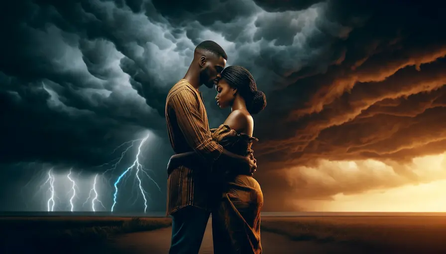 A stormy sky in the background, with two figures (a ghanaian couple) in a passionate or intense embrace, representing the emotional turbulence and intensity of a soul tie relationship. Soul Tie Or Meant To Be relationship