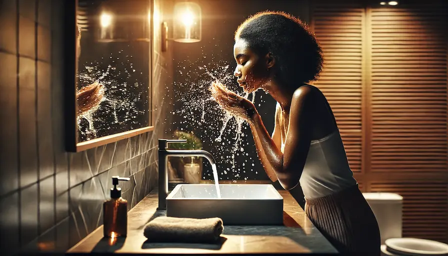 African American woman washing her face with water splashing around her. Cultural Beliefs Shape Hygiene Habits