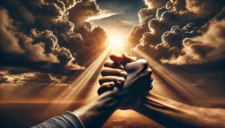 A close-up of two african american hands clasping each other tightly, set against a backdrop of dark clouds breaking into sunlight. This symbolizes the idea that true friendships emerge even during hard times. hard times will always reveal true friends