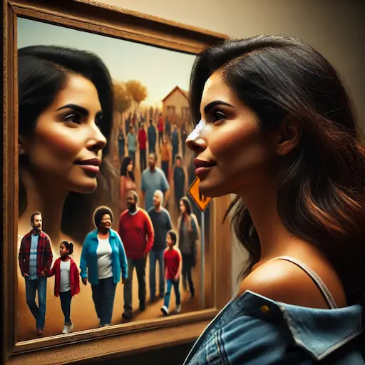 A person looking into a mirror, with the reflection showing their community or a younger generation. Is Building A Legacy Selfish Or Selfless