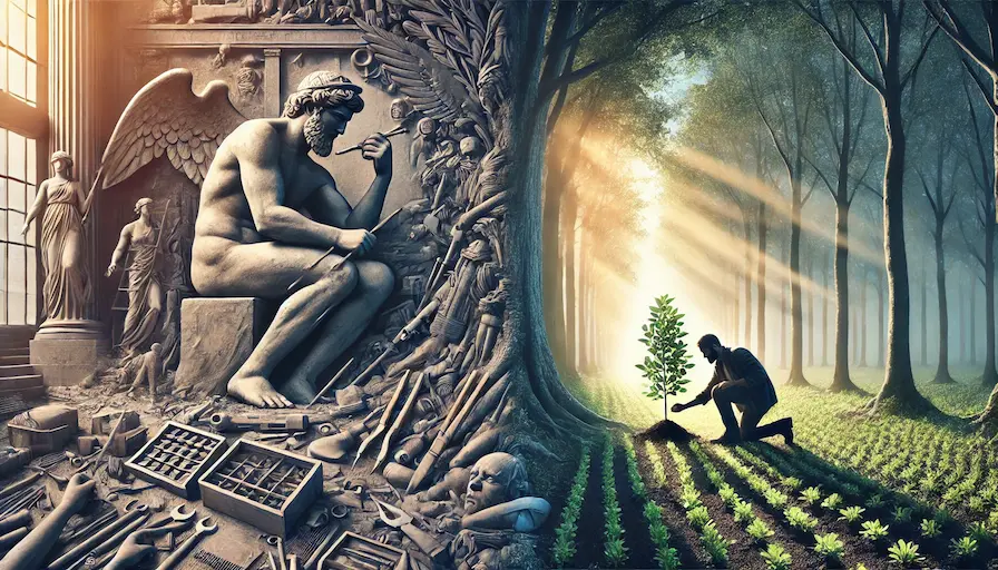 A split image featuring two contrasting scenes: one side shows a statue being built (representing ego or self-centered legacy), and the other shows a tree being planted (symbolizing a selfless gift for future generations). Is Building A Legacy Selfish Or Selfless