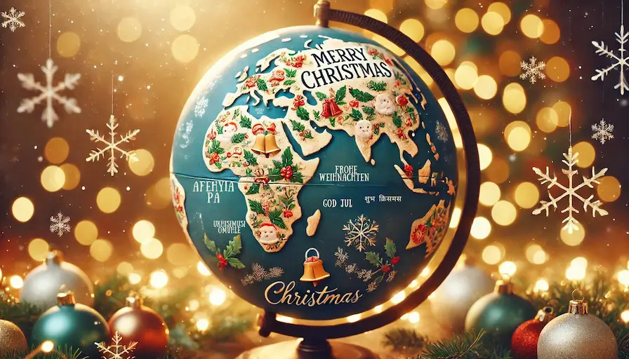 A festive globe adorned with Christmas-themed decorations (e.g., holly, bells, snowflakes) and "Merry Christmas" written in various languages across the continents. Merry Christmas in different languages