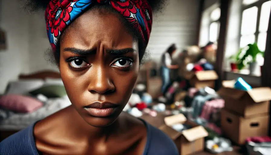 close-up of an african american womans stressed face in the foreground, with a cluttered room blurred in the background. Overwhelmed by Clutter. Steps to declutter